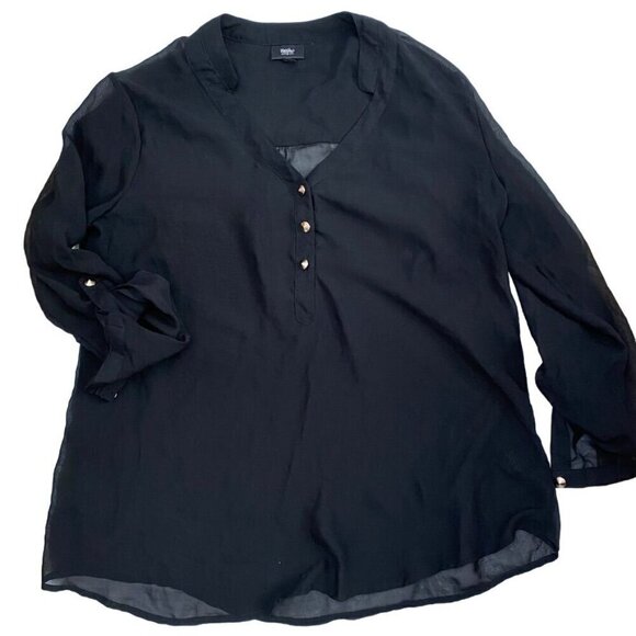 Mossimo Black Sheer Blouse Adjustable Tab Sleeves Size Medium Gold Buttons - Picture 4 of 6